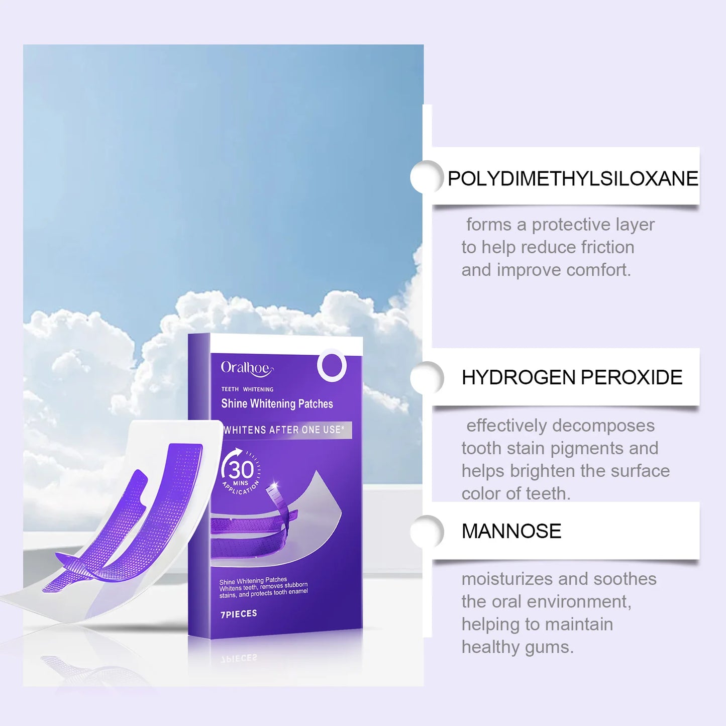 Purple teeth whitening strips in a purple box with white text, featuring a single strip partially peeled back.