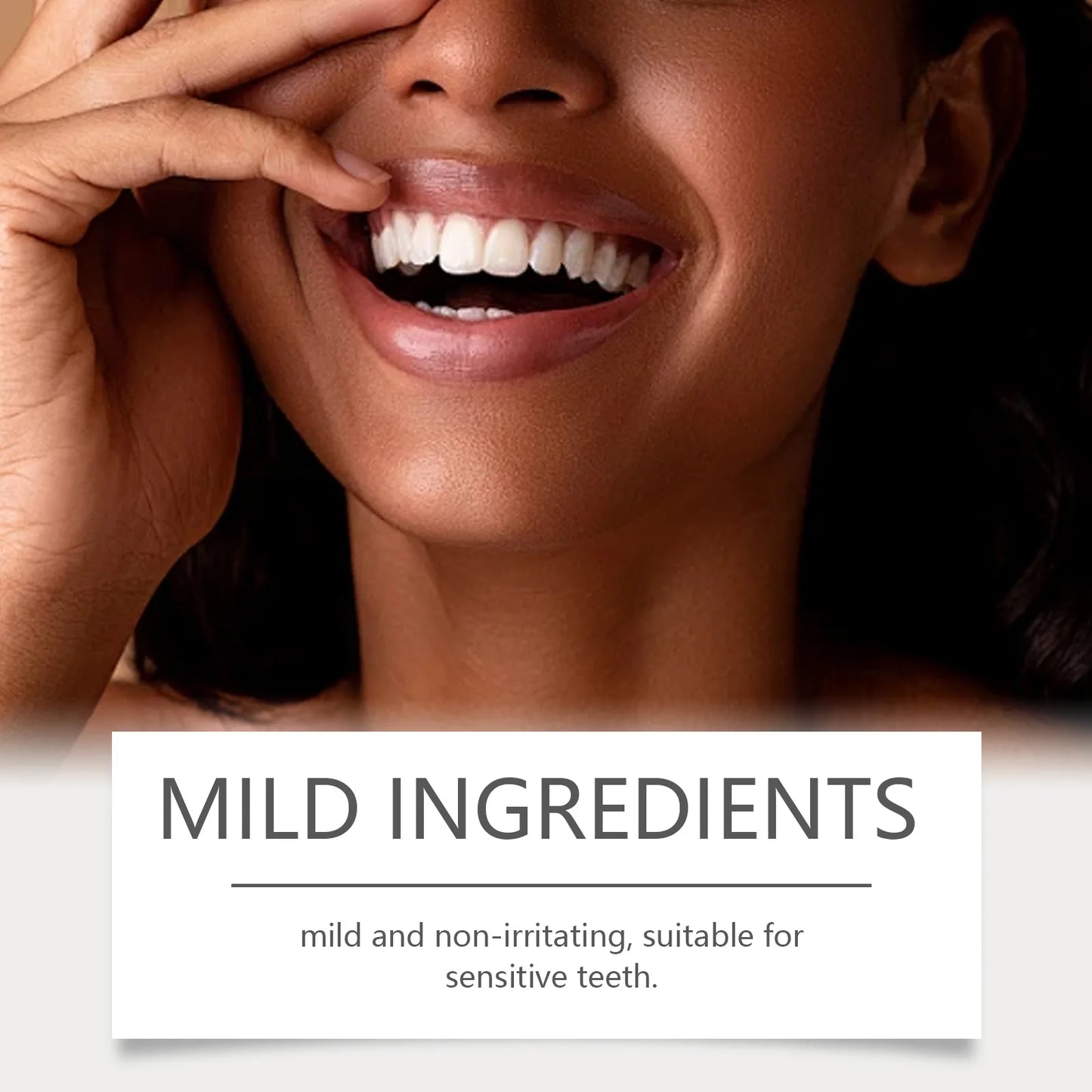 Purple teeth whitening strips displayed with a smiling woman covering her mouth, highlighting bright white teeth.