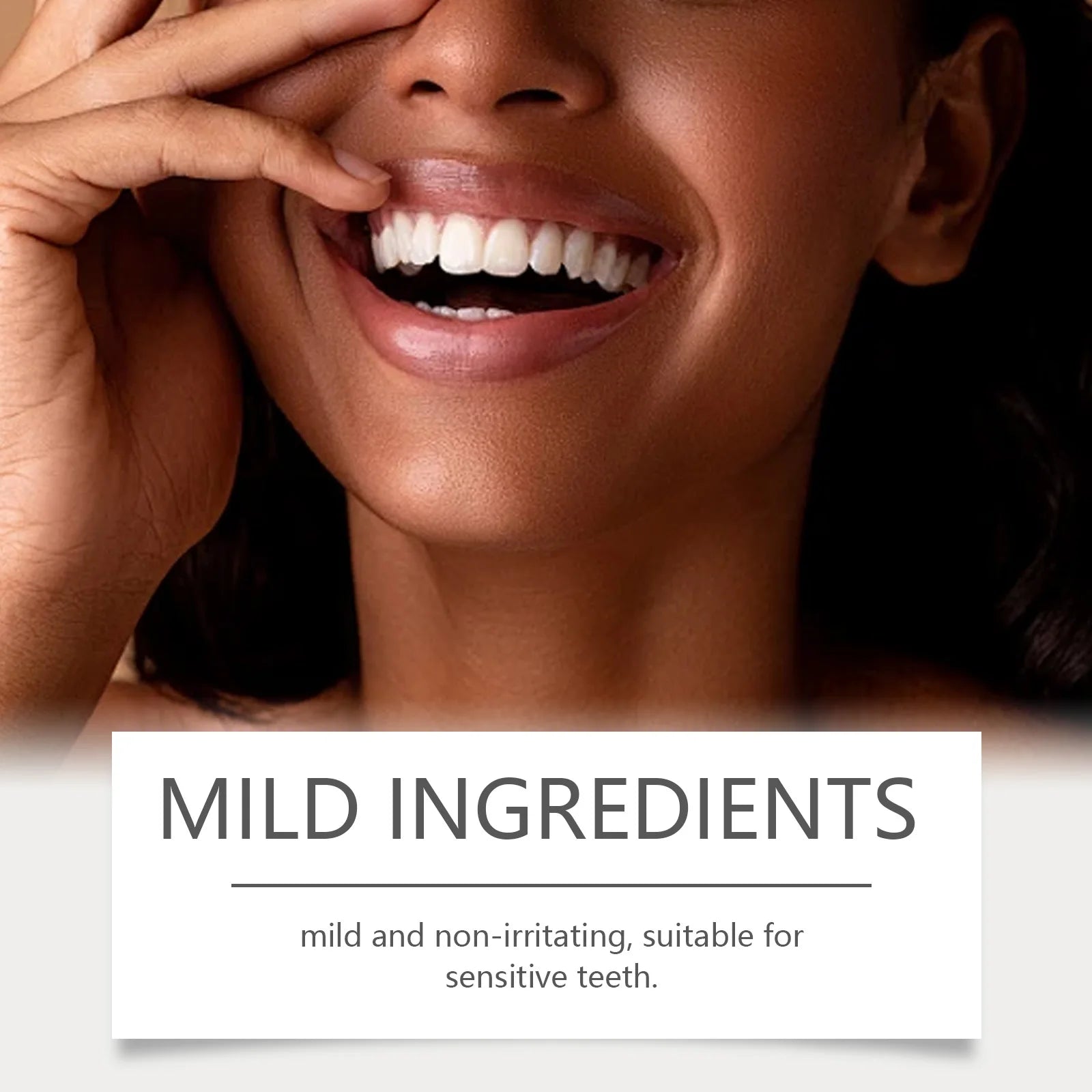 Purple teeth whitening strips displayed with a smiling woman covering her mouth, highlighting bright white teeth.