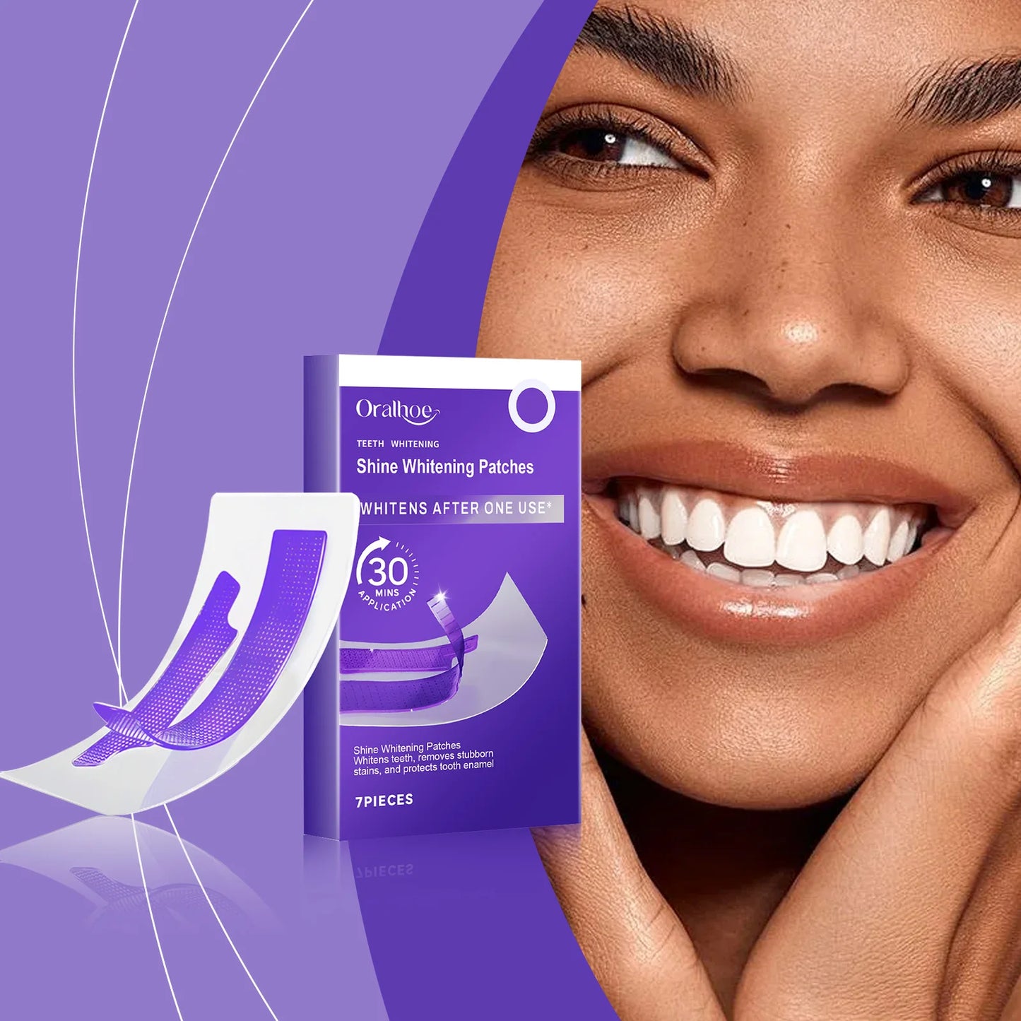 Purple teeth whitening strips packaging with a smiling model showcasing bright white teeth.