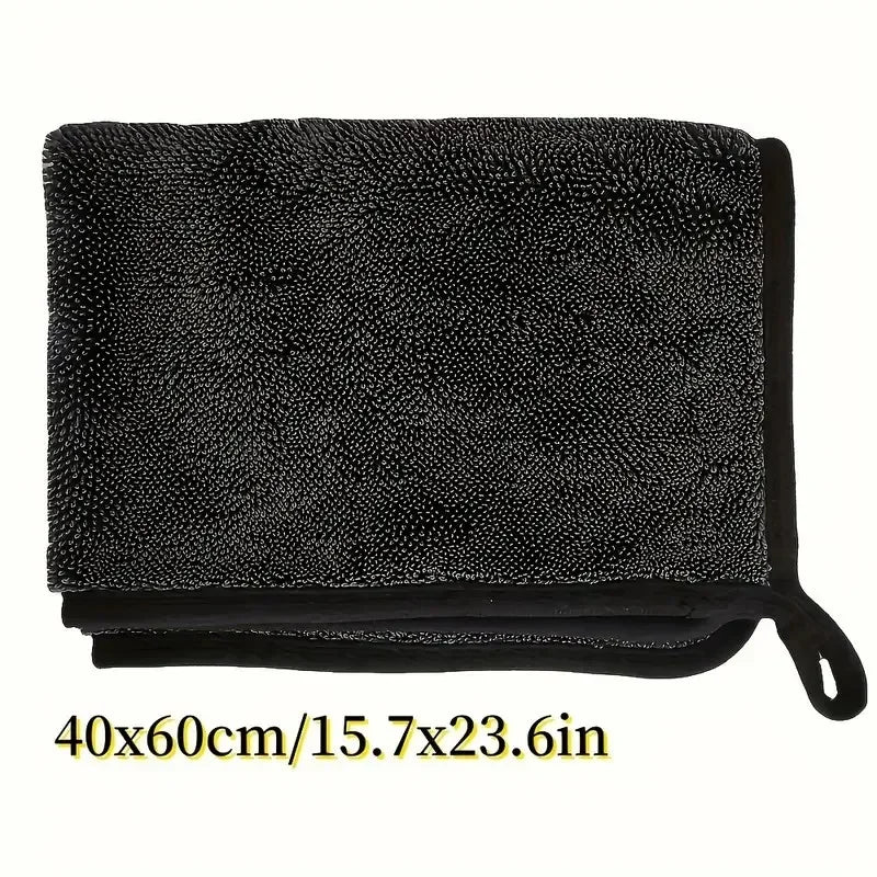 3-piece ultra-absorbent microfiber cleaning cloth set in black, measuring 40x60 cm, folded with a loop for hanging.