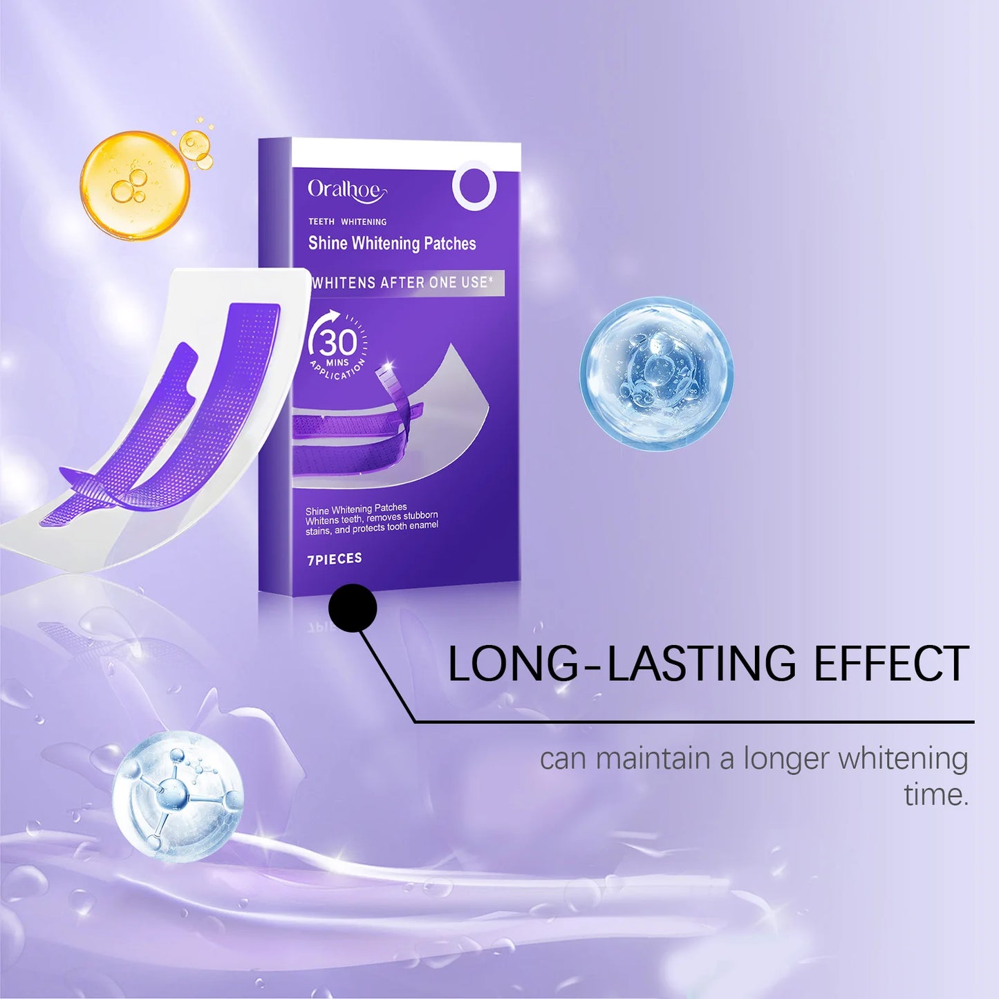 Purple teeth whitening strips packaging featuring a sleek design with a purple color scheme and product details.