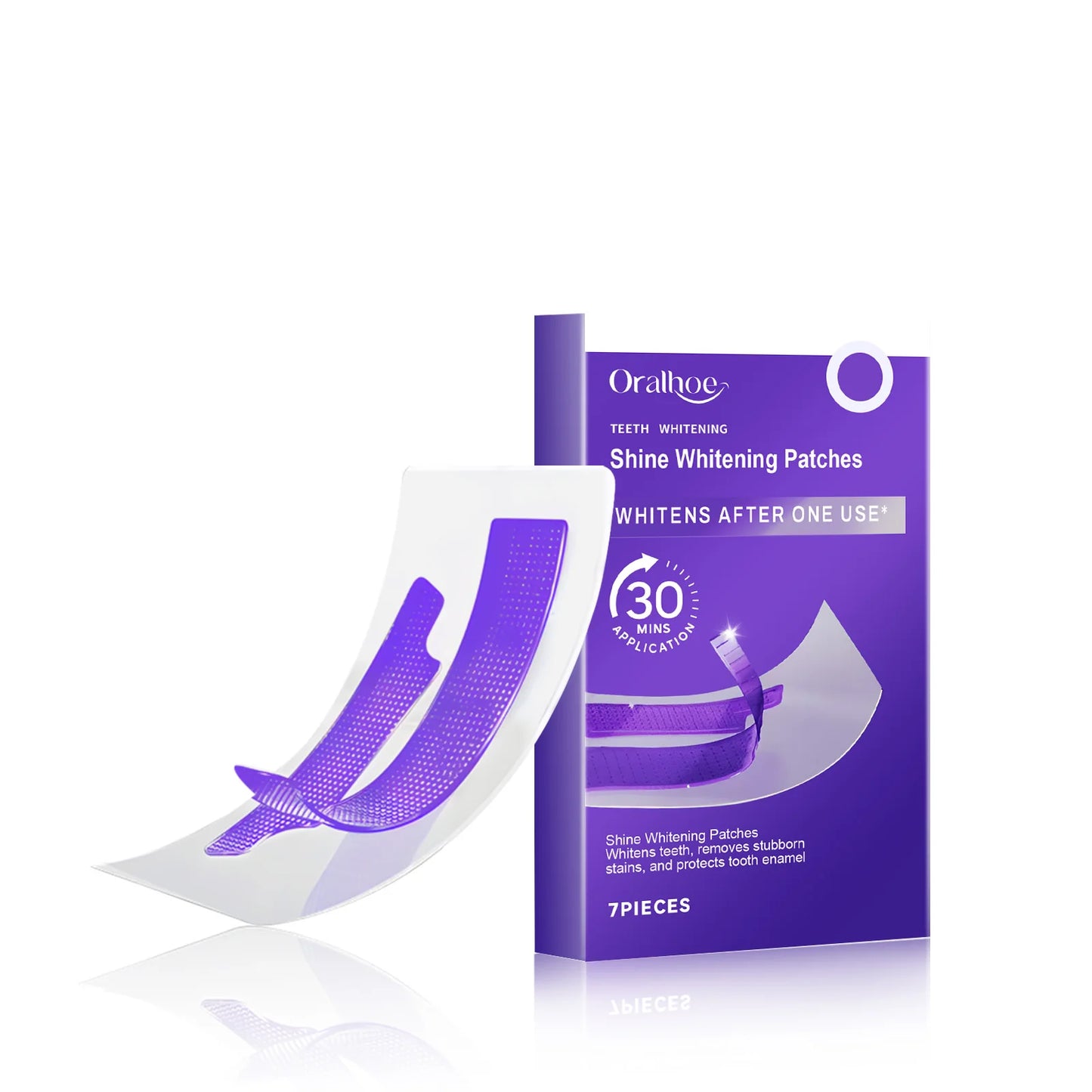 Purple teeth whitening strips in a box, featuring a purple design and clear application patches.