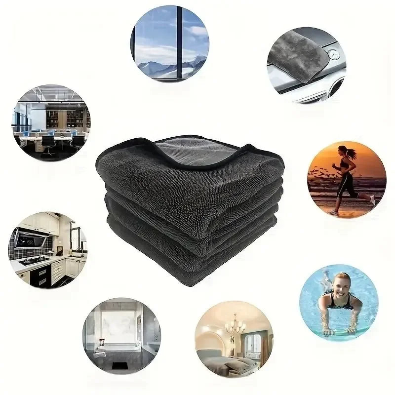 Three ultra-absorbent microfiber cleaning cloths in dark gray, surrounded by images of various cleaning contexts.