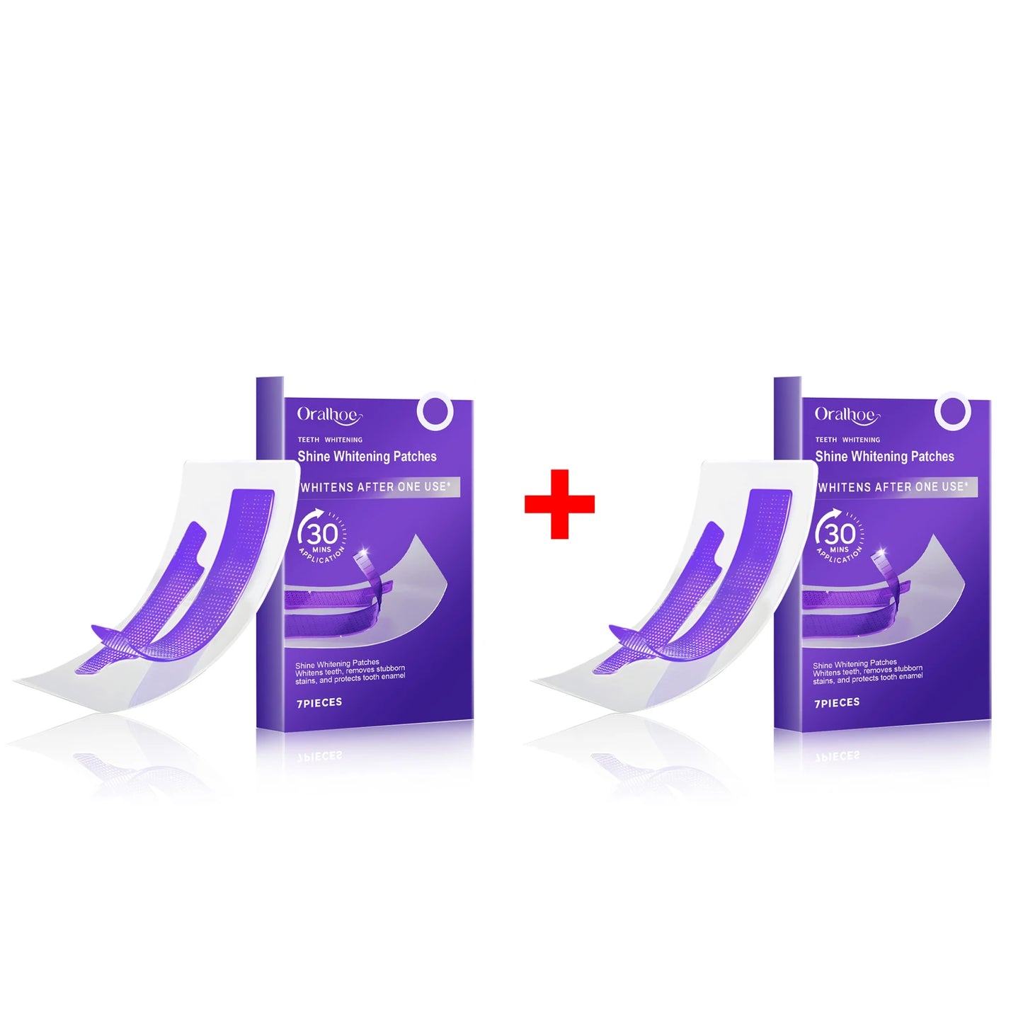Purple teeth whitening strips in a purple and white box, featuring two packs with clear application instructions.