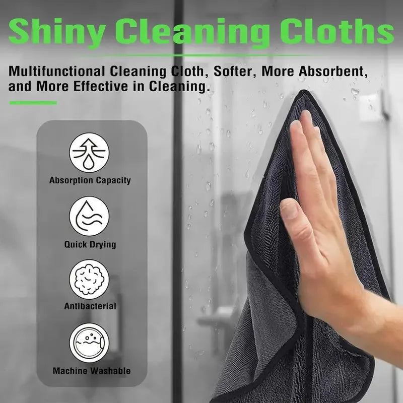 3pc ultra-absorbent microfiber cleaning cloth set in black, showcasing features like quick drying and antibacterial proper...