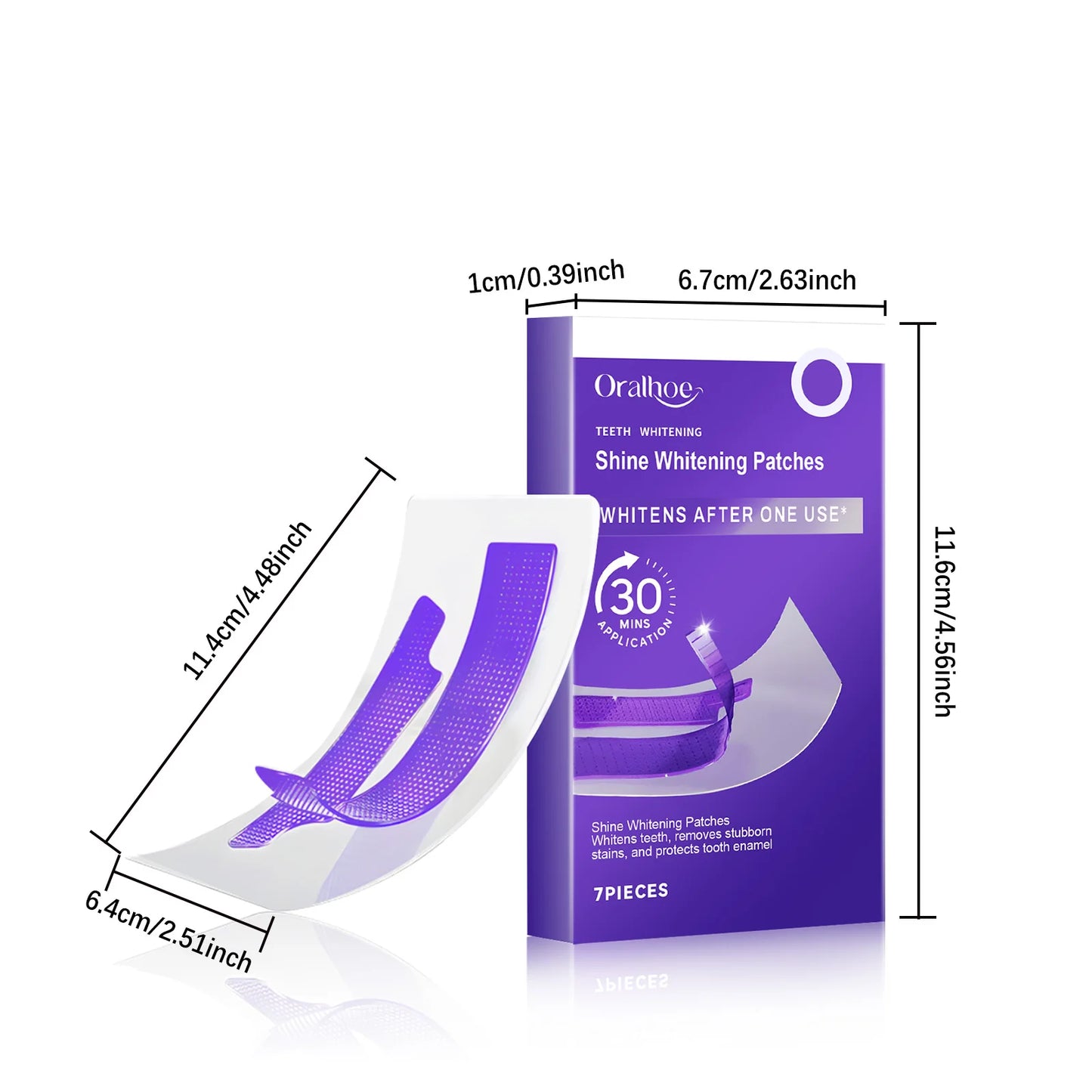 Purple teeth whitening strips in a box, featuring dimensions and usage instructions on the packaging.