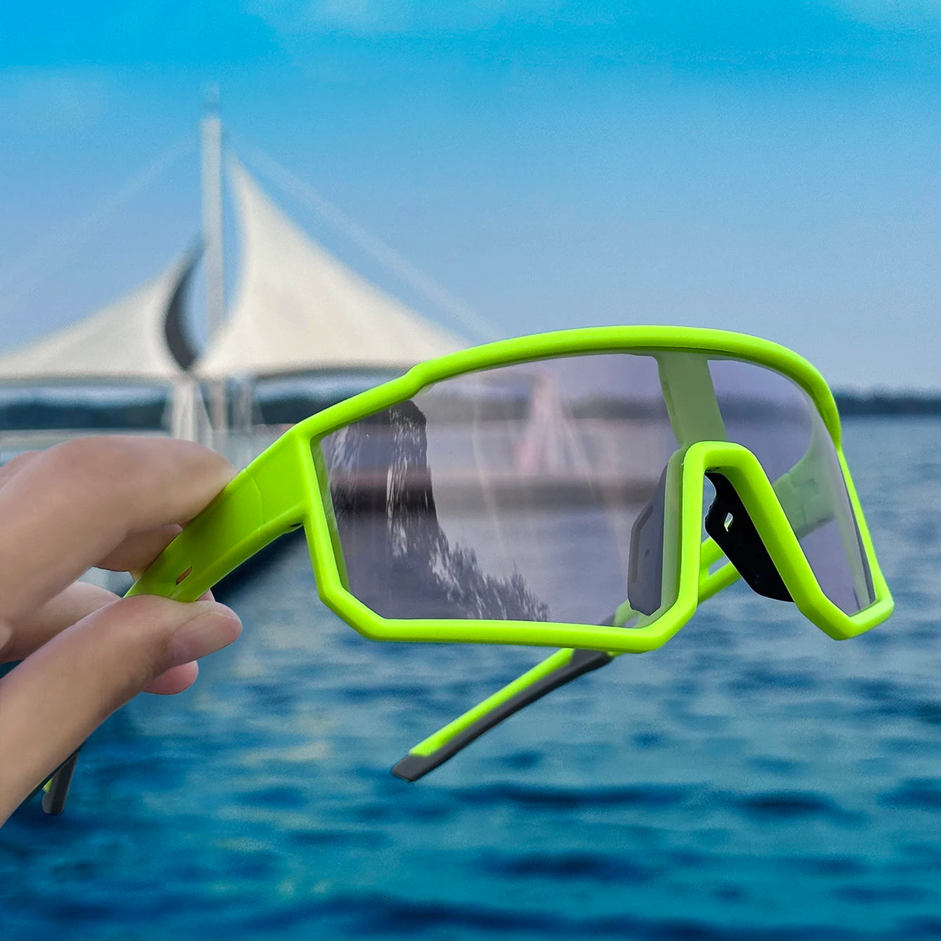 Trendy sunglasses see through/green trim mirrored lenses 