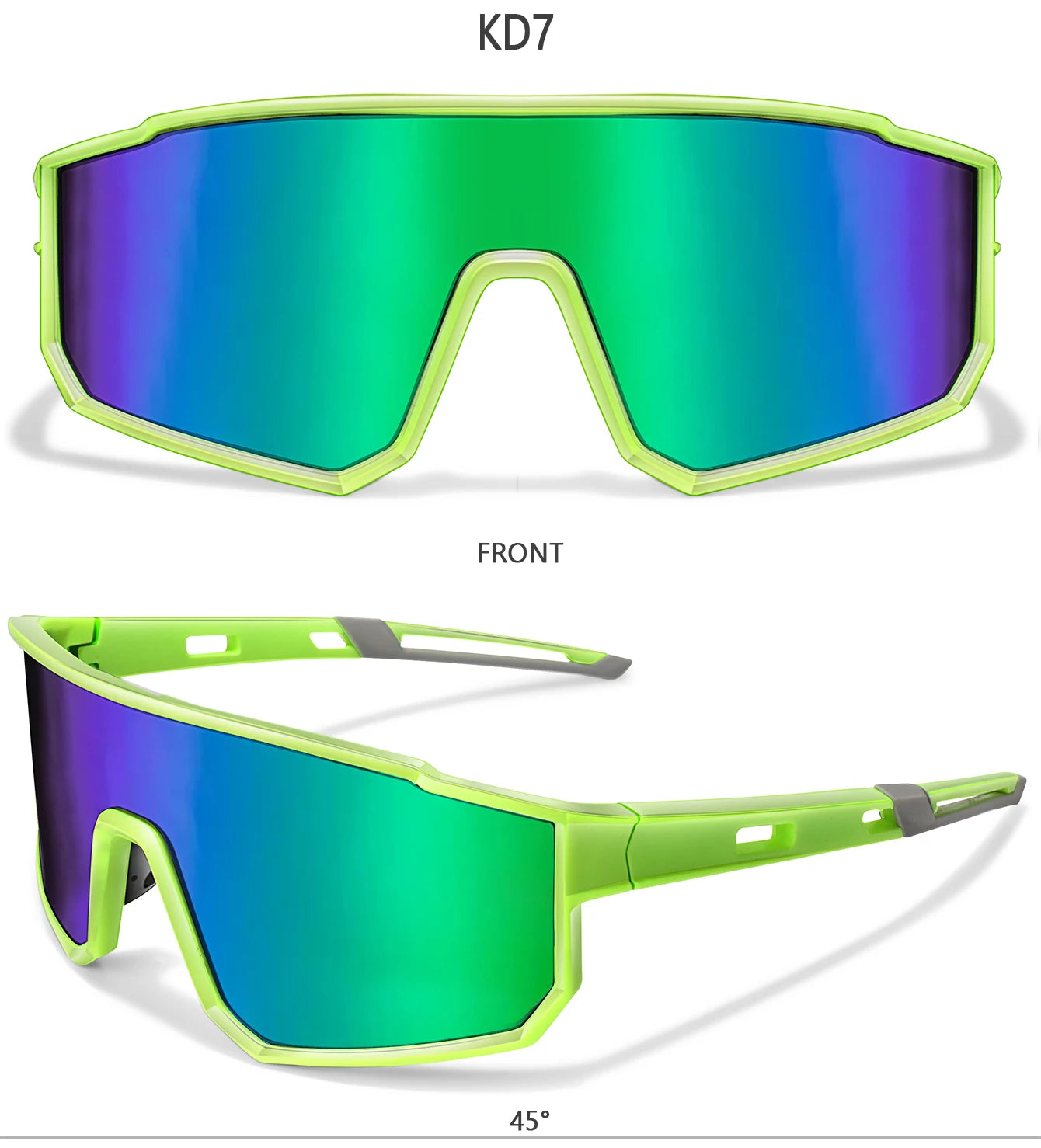 Trendy green and purple reflective sunglasses with a bold angular design, shown from the front and at a 45-degree angle.