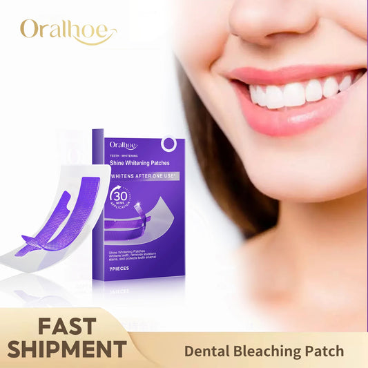 Purple teeth whitening strips in packaging, displayed next to a smiling person with bright white teeth.