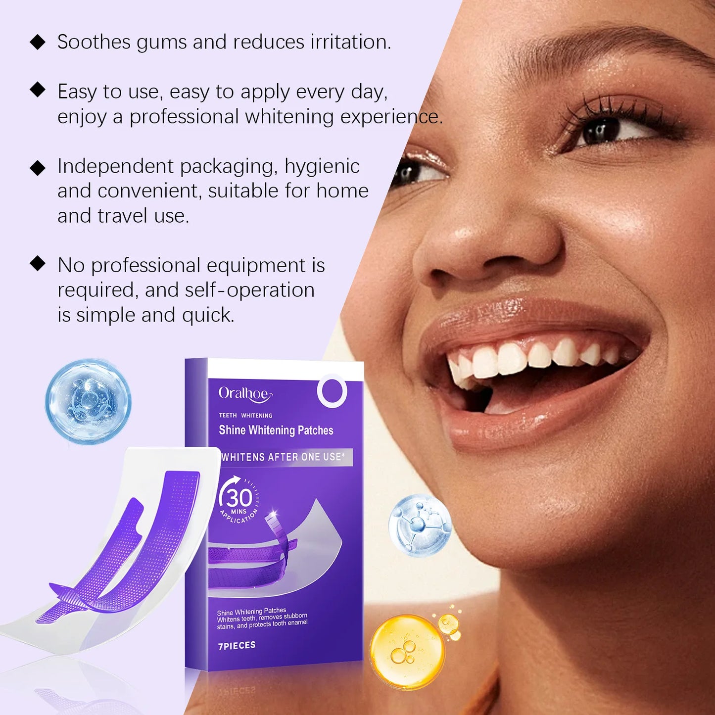 Purple teeth whitening strips in a purple box, featuring easy application instructions and benefits for home use.