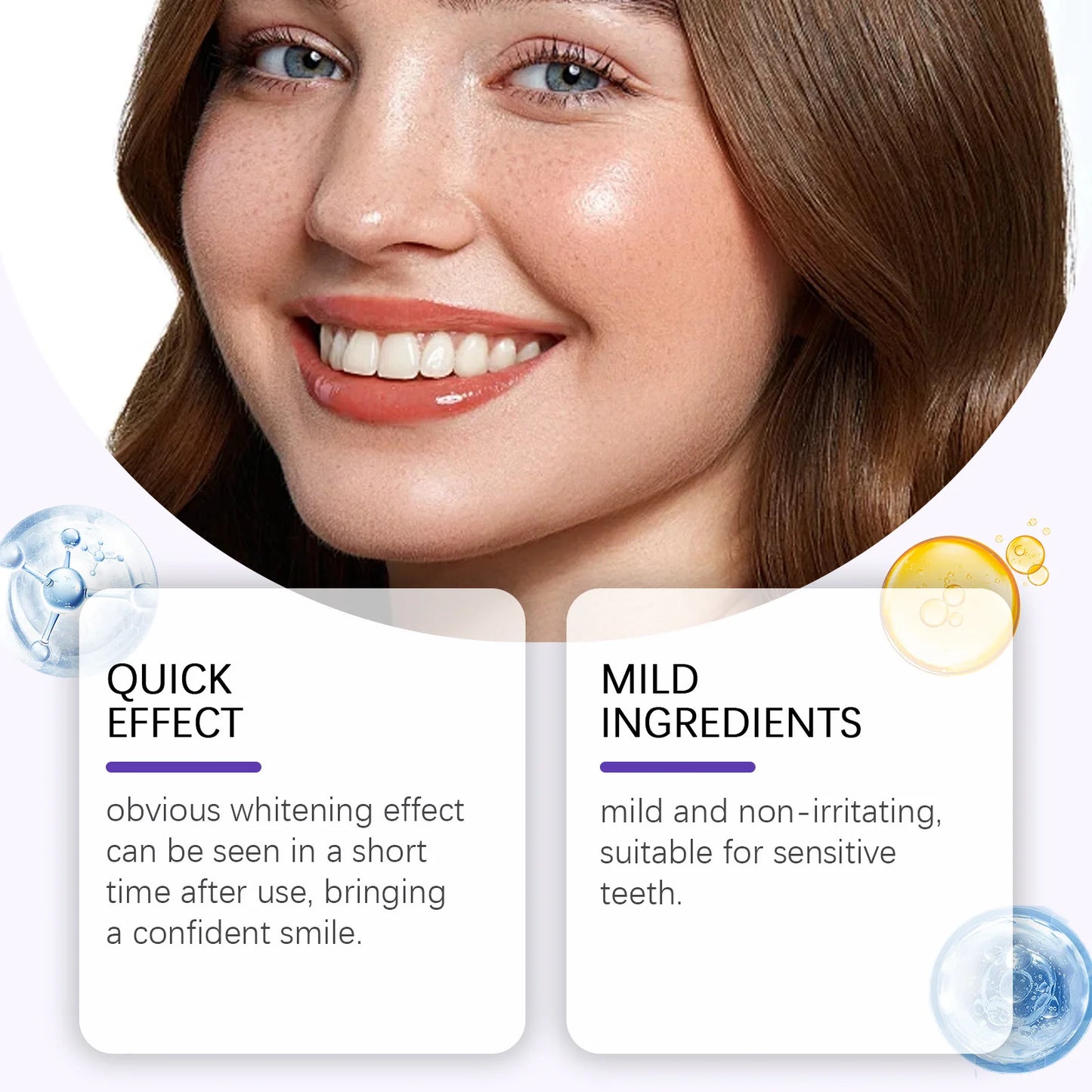 Purple teeth whitening strips displayed with a smiling woman, highlighting her bright teeth and smooth skin.
