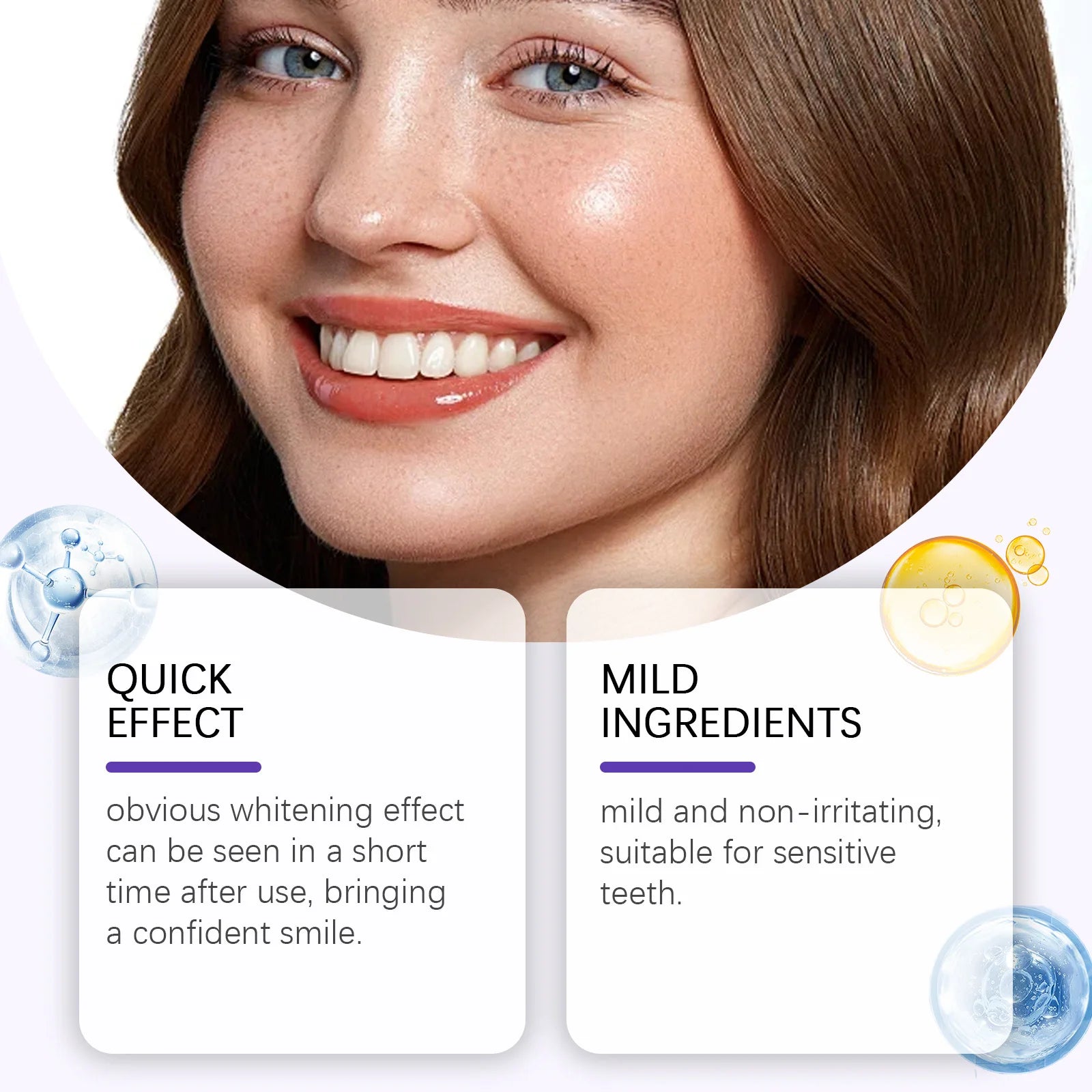 Purple teeth whitening strips displayed with a smiling woman, highlighting her bright teeth and smooth skin.