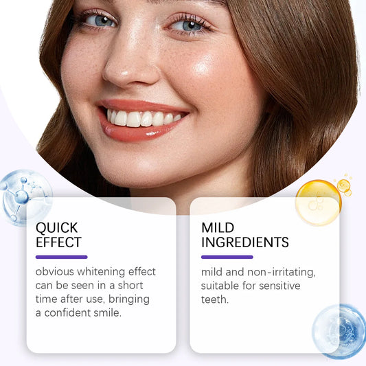 Purple teeth whitening strips displayed with a smiling woman, highlighting her bright teeth and smooth skin.