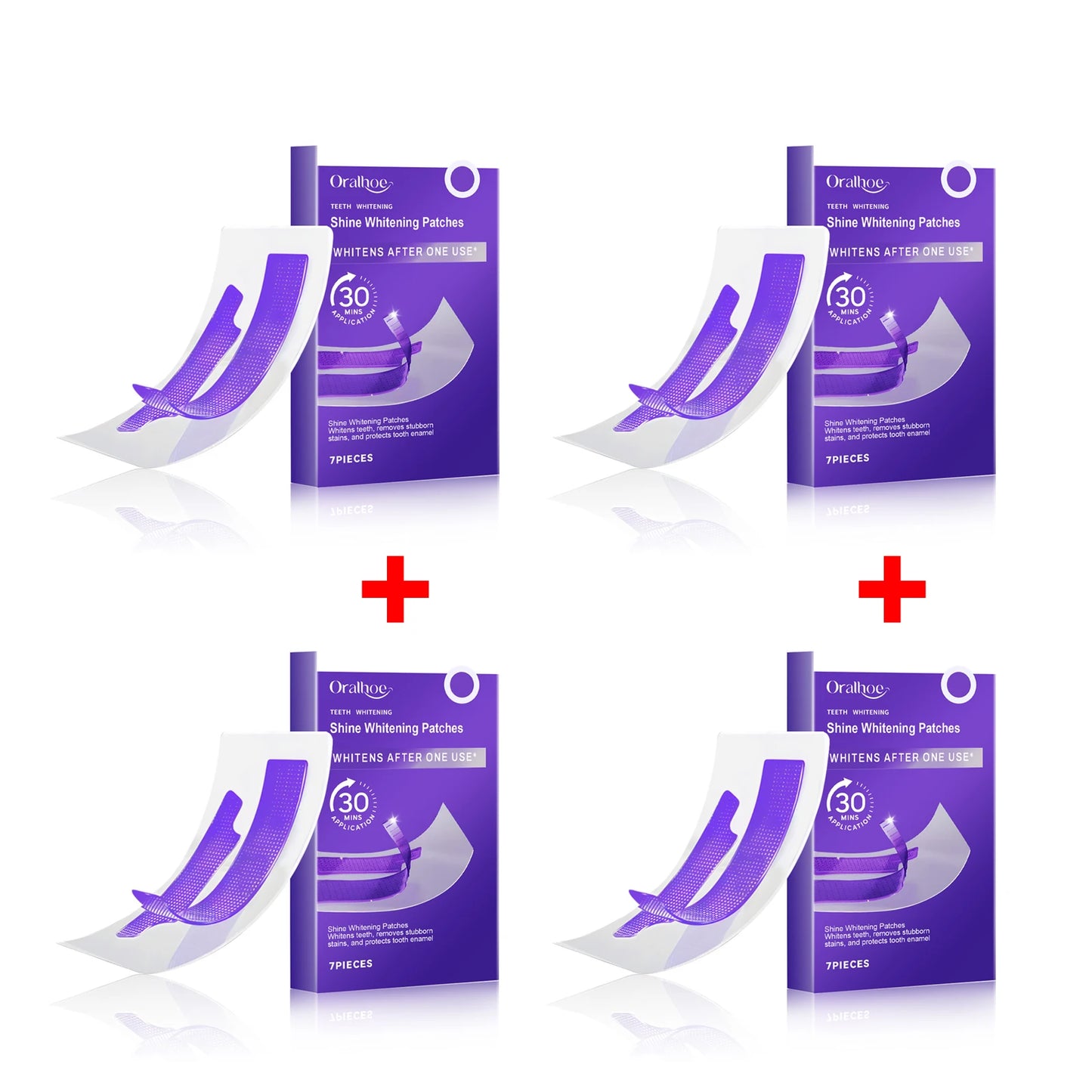 Purple teeth whitening strips in a box, featuring a purple design and clear instructions, with individual strips displayed.