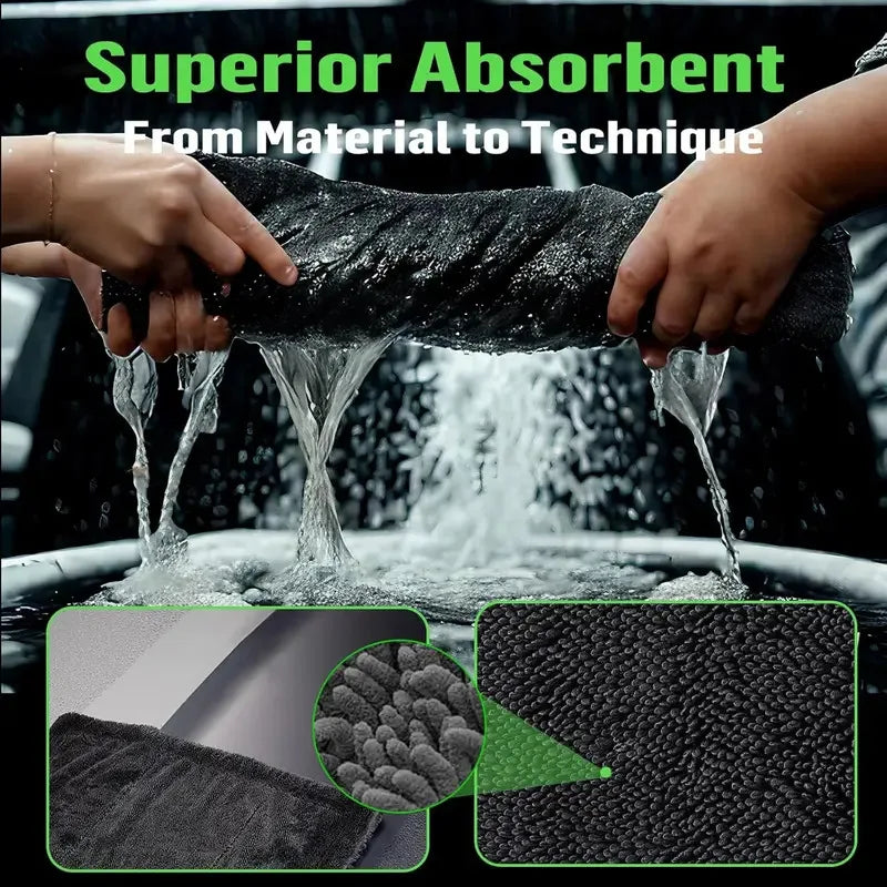 3pc ultra-absorbent microfiber cleaning cloths in dark gray, demonstrating water absorption in a hands-on scenario.