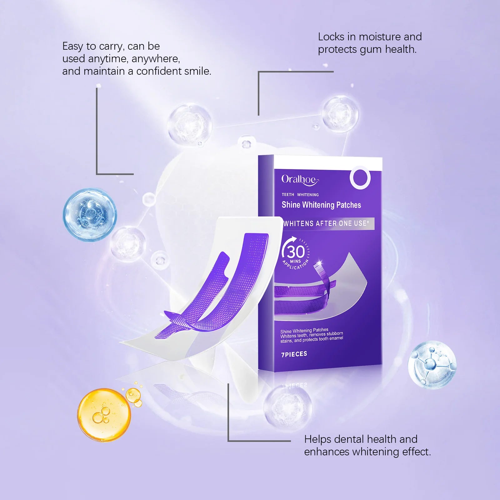 Purple teeth whitening strips in a box, featuring a purple design and clear application patches for easy use.