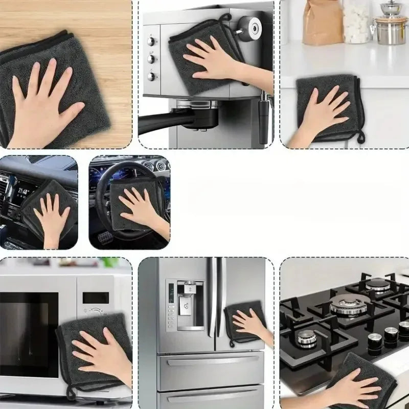 Three ultra-absorbent microfiber cleaning cloths in gray, shown being used on various surfaces like a kitchen counter and ...