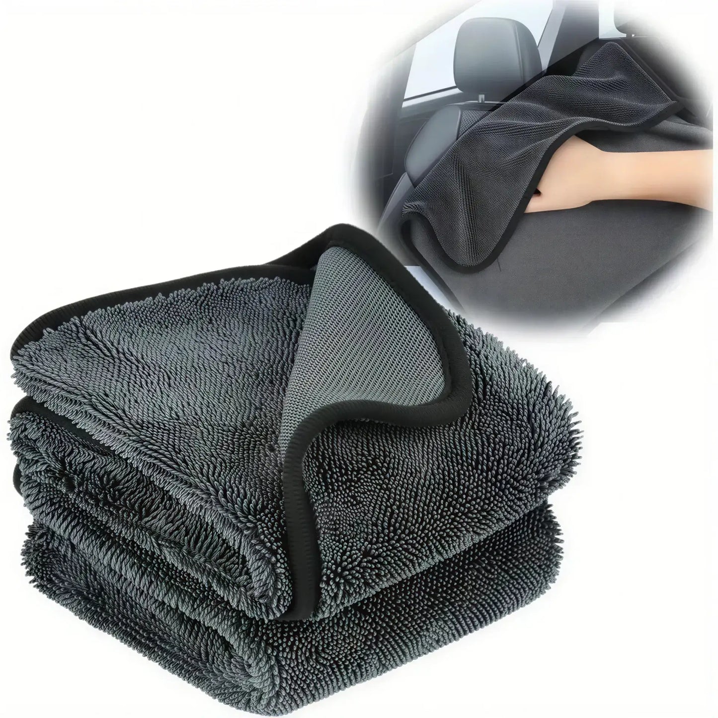 Three stacked ultra-absorbent microfiber cleaning cloths in dark gray with a textured surface and black trim.
