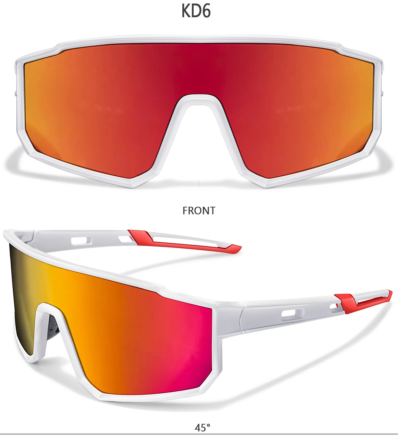 Trendy KD6 sunglasses with white frame and mirrored red-orange lenses, shown from front and 45-degree angle.