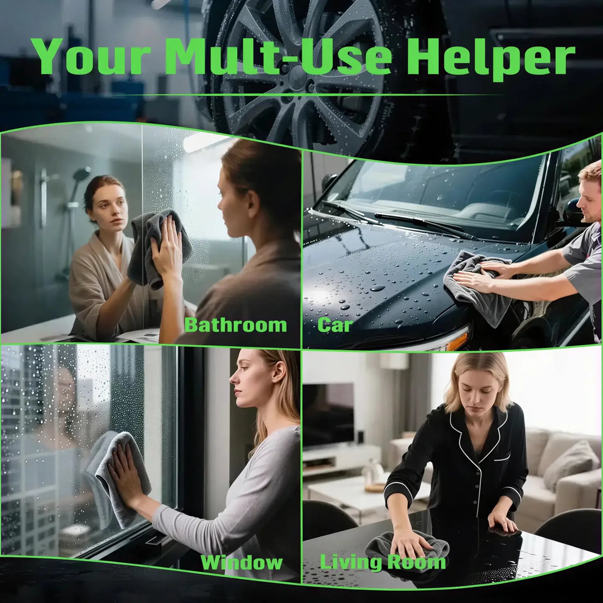 3pc ultra-absorbent microfiber cleaning cloths shown in various cleaning scenarios: bathroom, car, window, and living room.