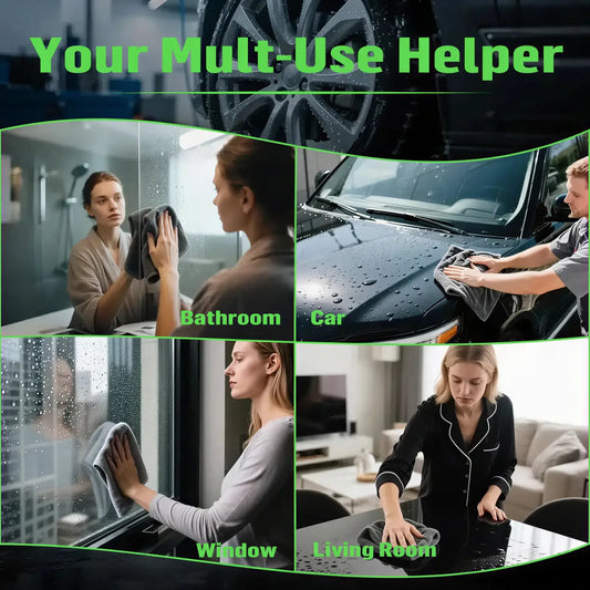 3pc ultra-absorbent microfiber cleaning cloths shown in various cleaning scenarios: bathroom, car, window, and living room.