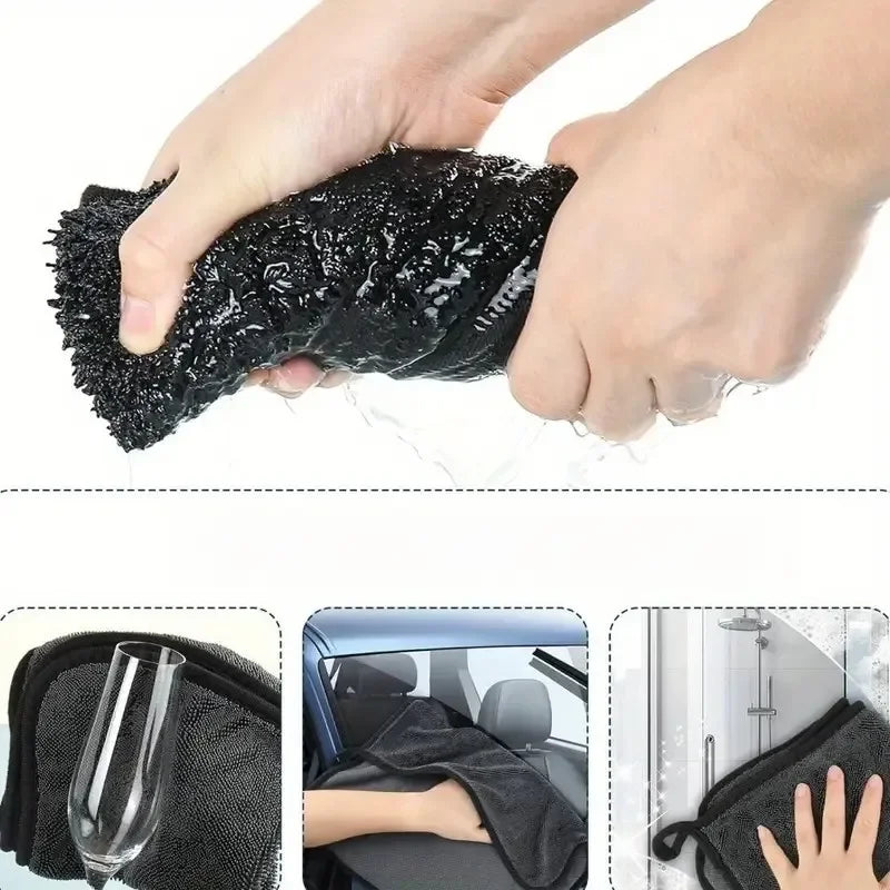 Three ultra-absorbent microfiber cleaning cloths in black, demonstrating water absorption and versatility for various surf...