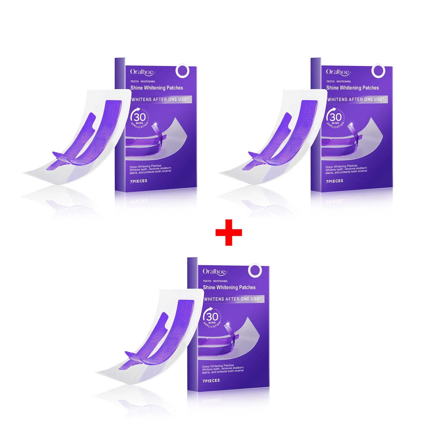 Purple teeth whitening strips in a pack, featuring three individual strips and a box design with a purple color scheme.