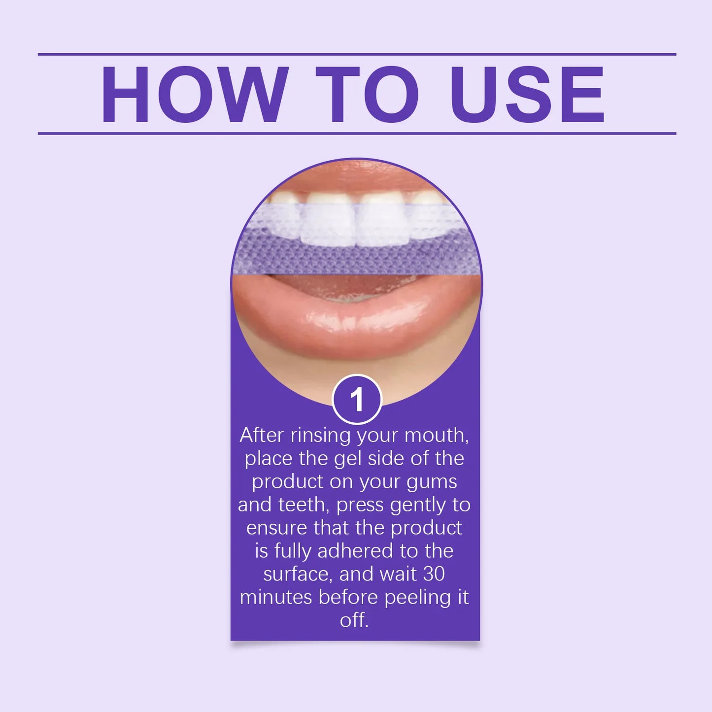 Purple teeth whitening strips usage instructions with a close-up of a mouth and applied strip on teeth.