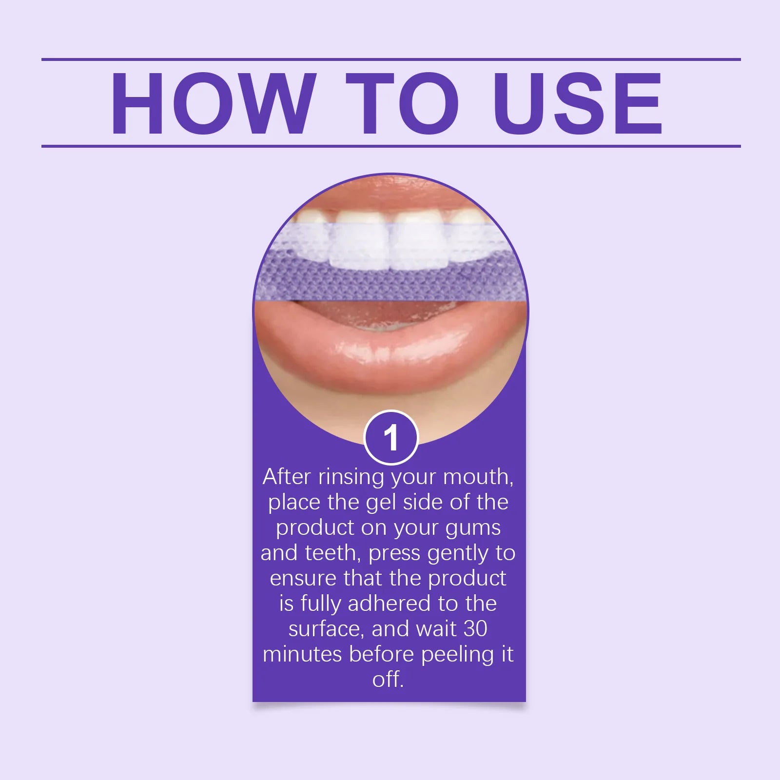 Purple teeth whitening strips usage instructions with a close-up of a mouth and applied strip on teeth.